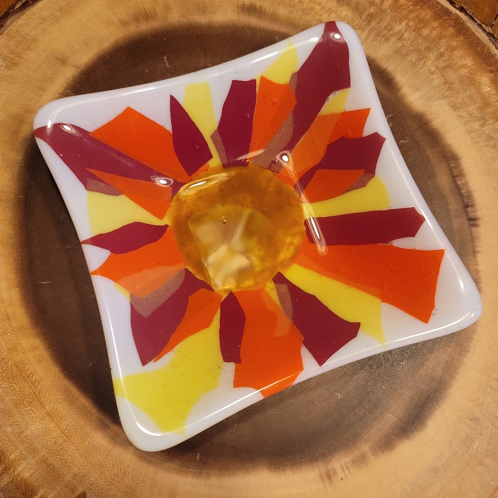 Mod Bright Stripes Orange Yellow Artisan Fused Glass Dish